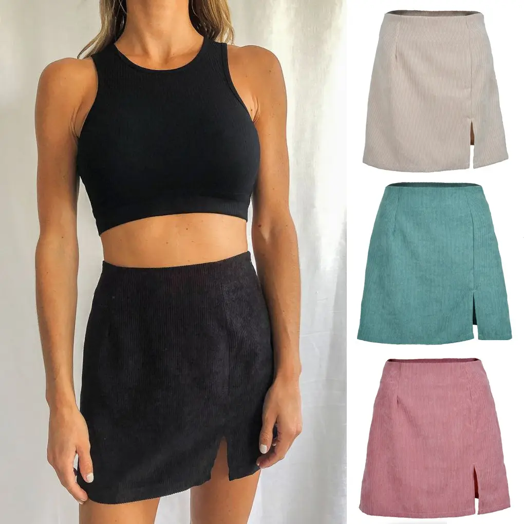 Women's Corduroy Slit A-Line Shorts Solid Color Large Hem - Image 6
