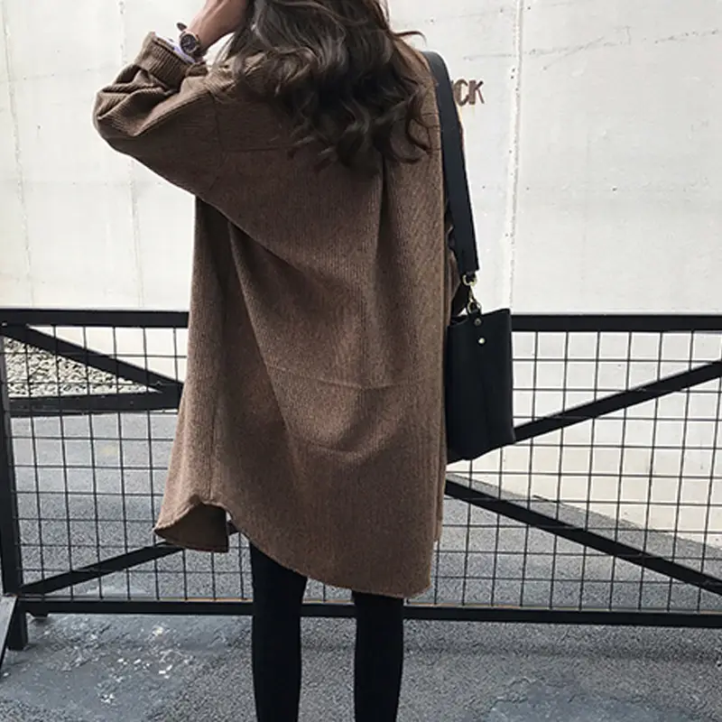 Women Corduroy Mid-Length Shirt Jacket Brown Loose Fit - Image 4
