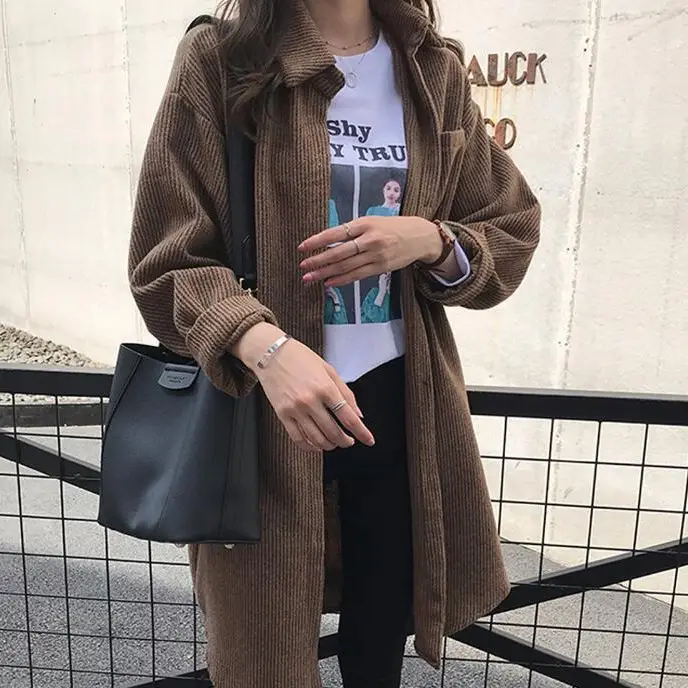 Women Corduroy Mid-Length Shirt Jacket Brown Loose Fit - Image 6