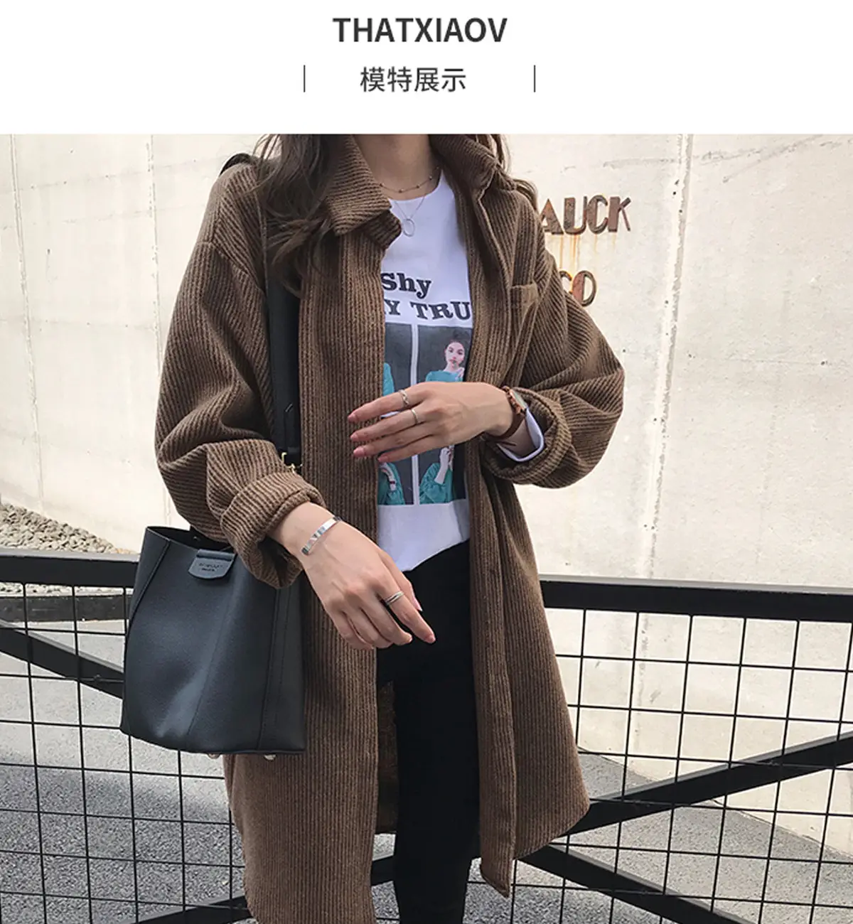 Women Corduroy Mid-Length Shirt Jacket Brown Loose Fit — feature 1