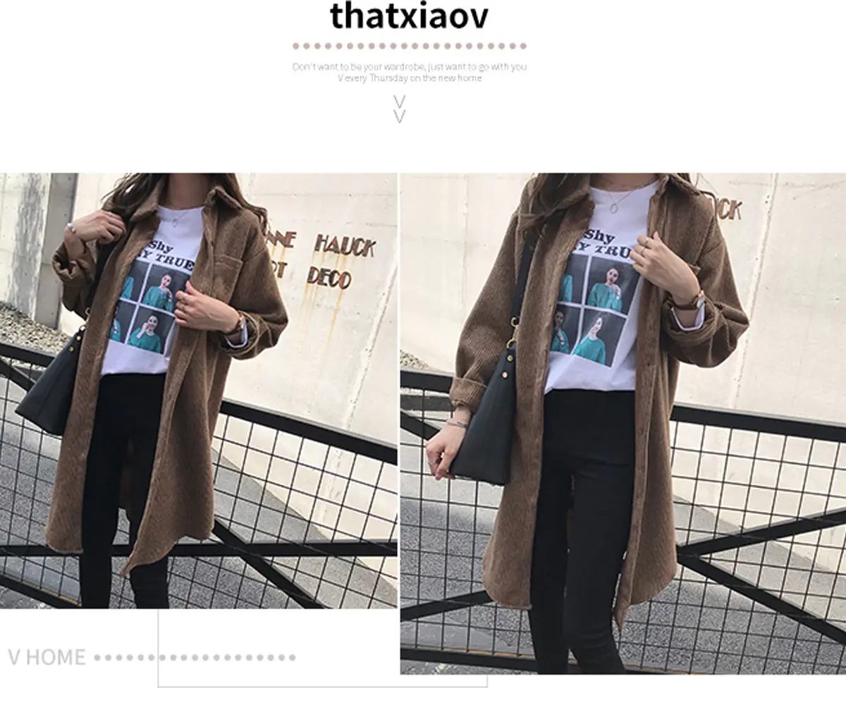Women Corduroy Mid-Length Shirt Jacket Brown Loose Fit — feature 2