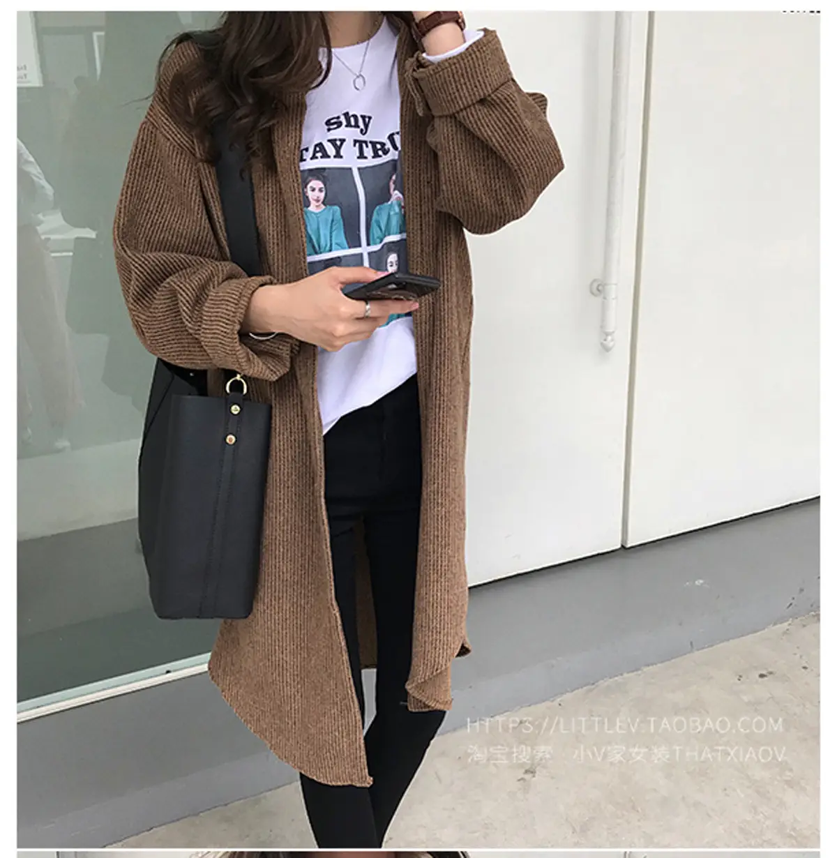 Women Corduroy Mid-Length Shirt Jacket Brown Loose Fit — feature 3