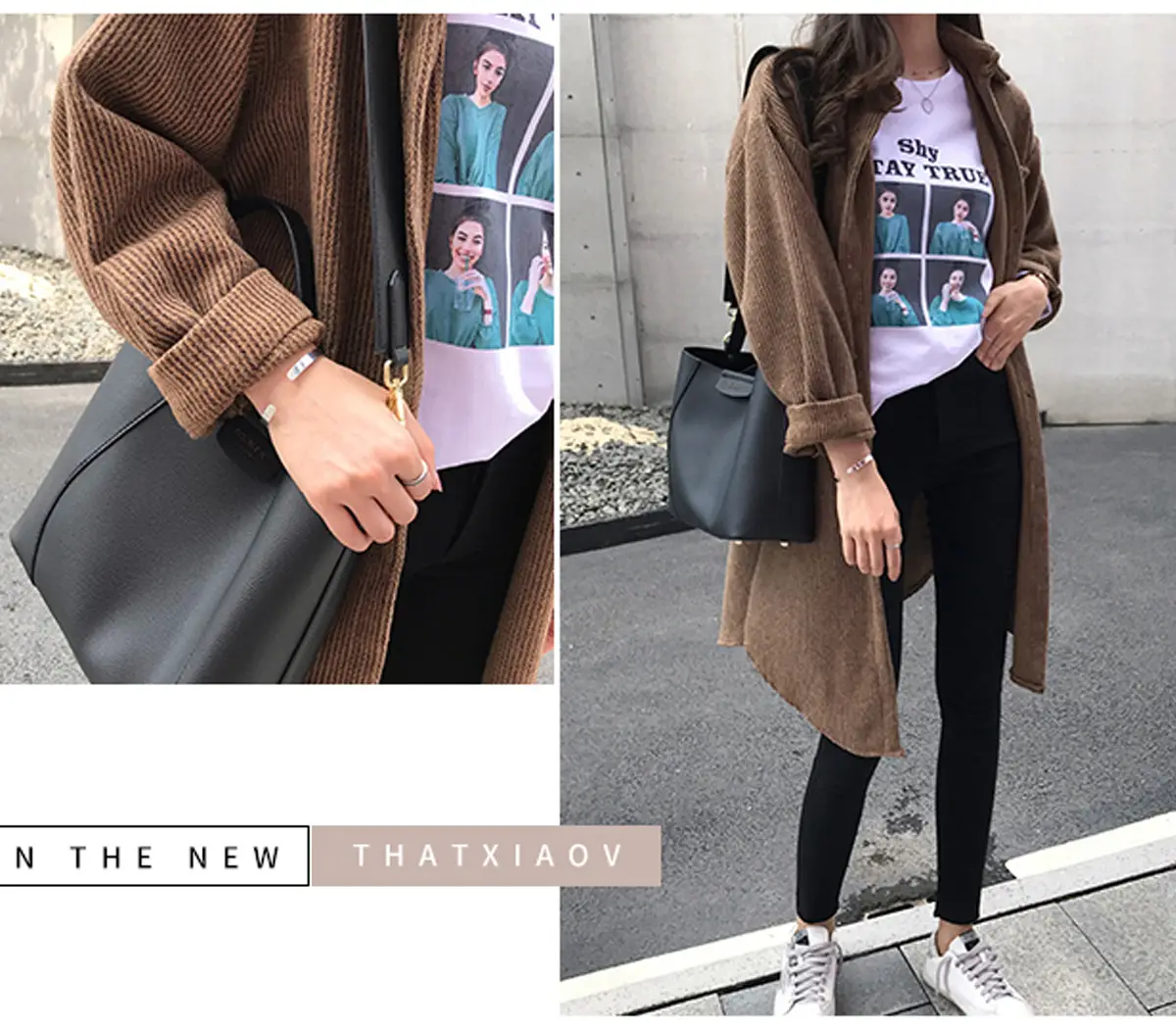 Women Corduroy Mid-Length Shirt Jacket Brown Loose Fit — feature 5