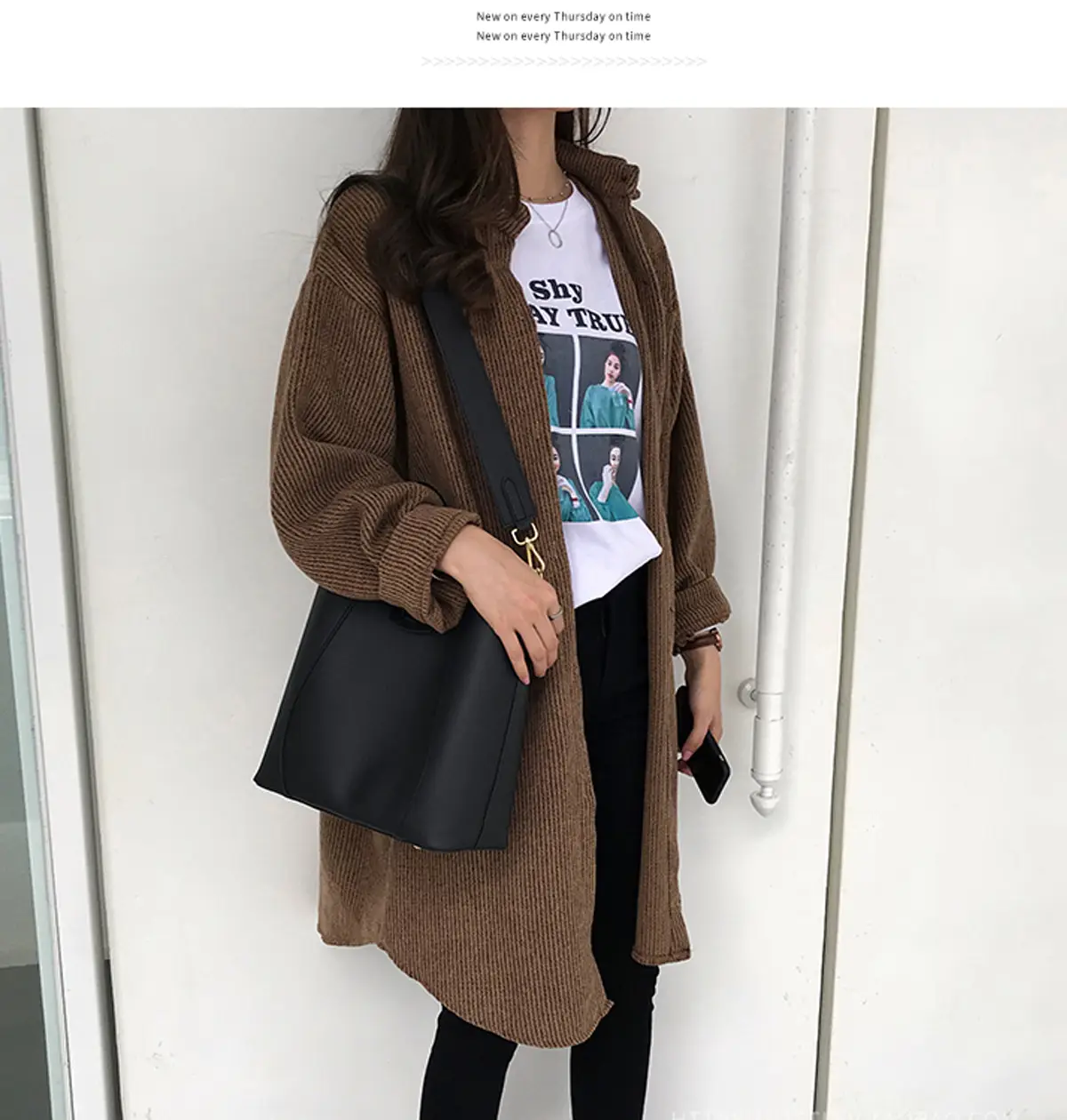 Women Corduroy Mid-Length Shirt Jacket Brown Loose Fit — feature 6