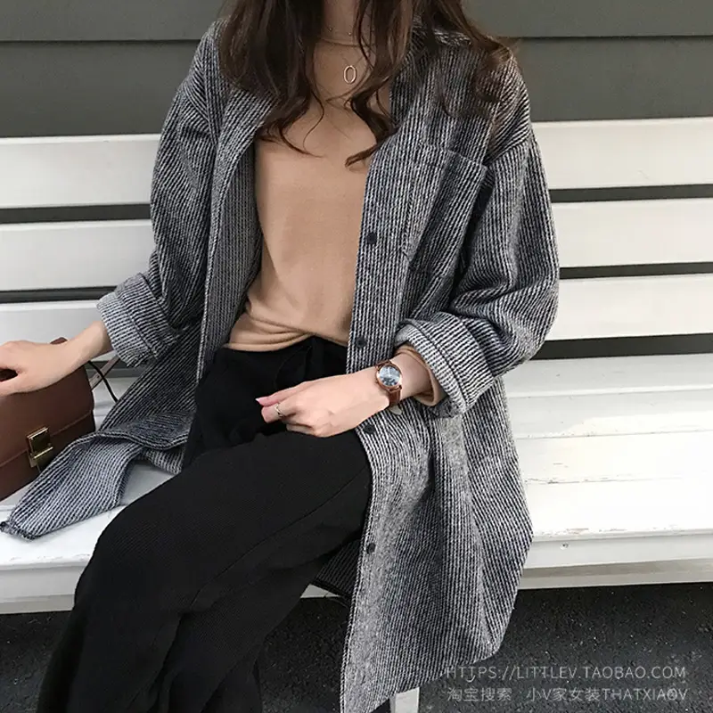 Women Corduroy Mid-Length Shirt Jacket Brown Loose Fit - Image 2