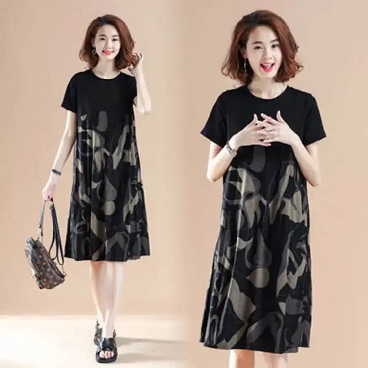 Black Printed Slimming Mid-Length Dress for Plus Size Women