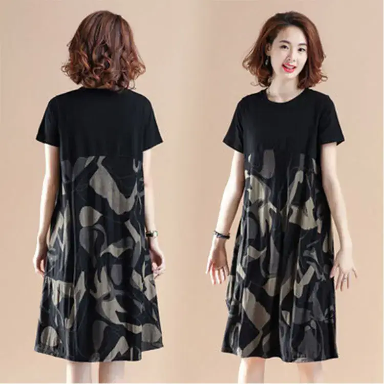 Black Printed Slimming Mid-Length Dress for Plus Size Women