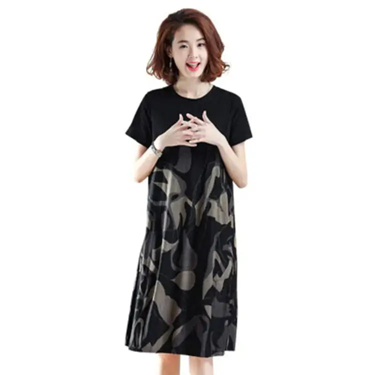 Black Printed Slimming Mid-Length Dress for Plus Size Women