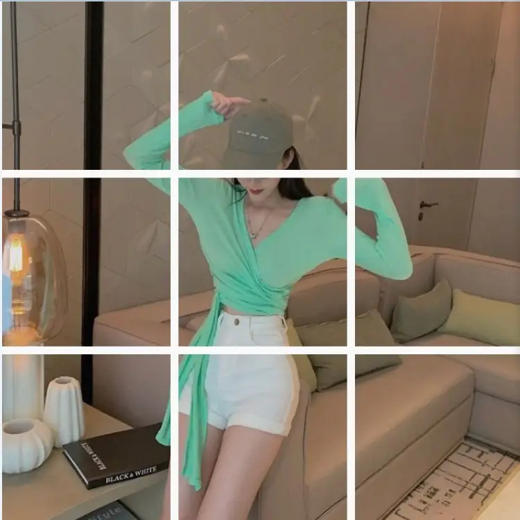 Korean Style V-Neck Long Sleeve Lace-Up T-Shirt Short Belt - Image 3