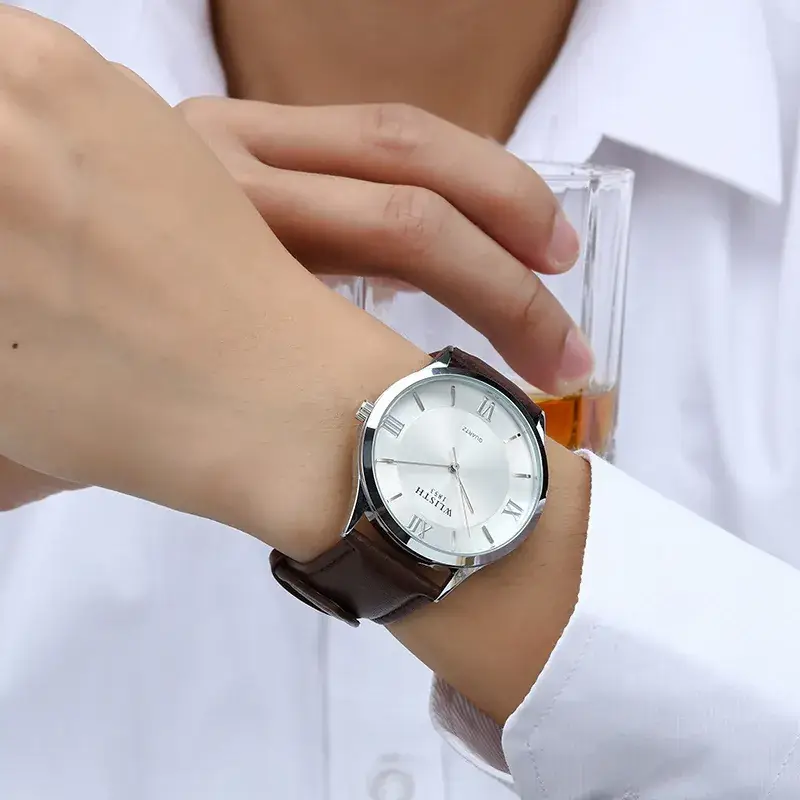 Men's Quartz Watch with Leather Strap, White Dial, Water Resistant - Image 7