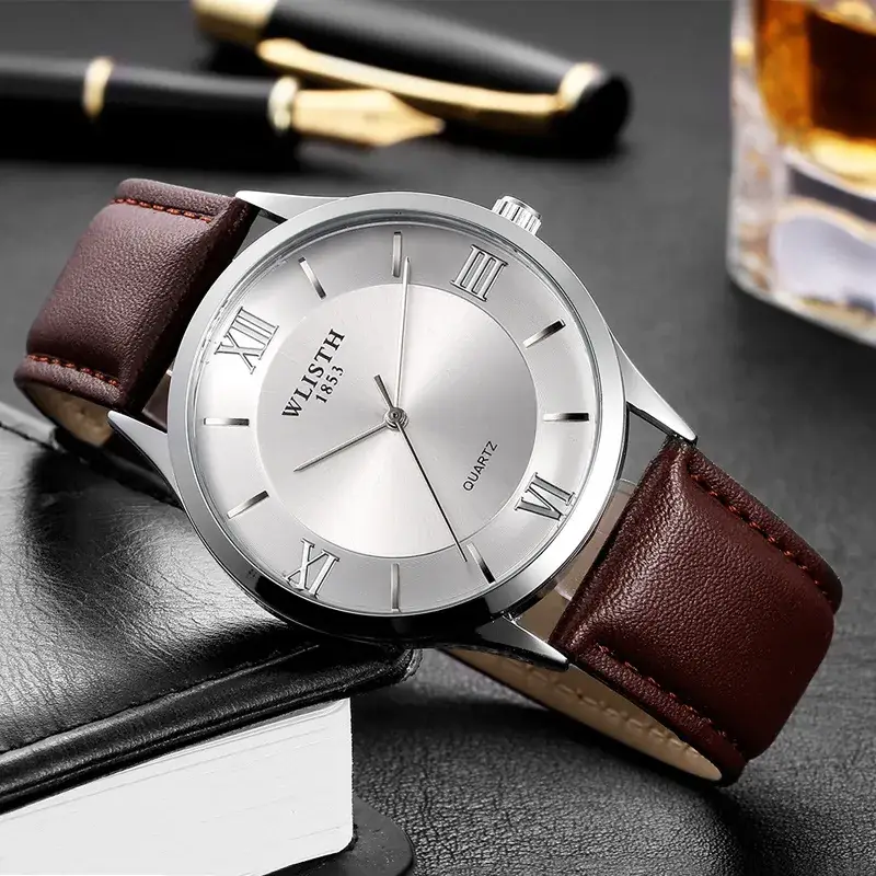 Men's Quartz Watch with Leather Strap, White Dial, Water Resistant - Image 8
