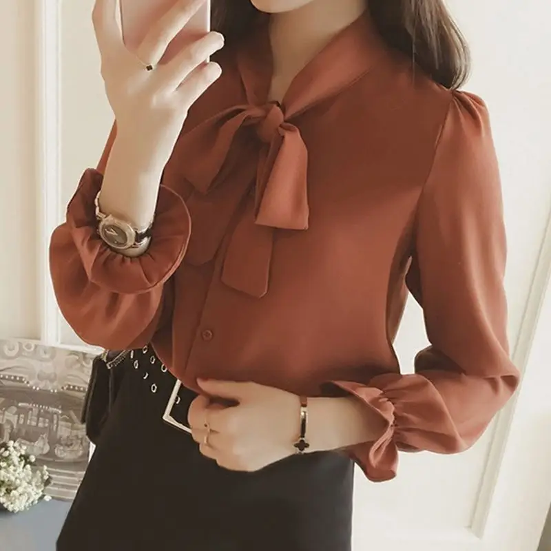 Women Korean Style Bow White Long Sleeve Shirt 2024 - Image 6
