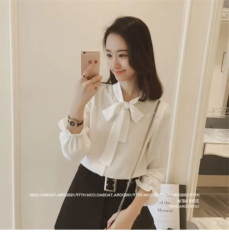 Women Korean Style Bow White Long Sleeve Shirt 2024 — feature 14