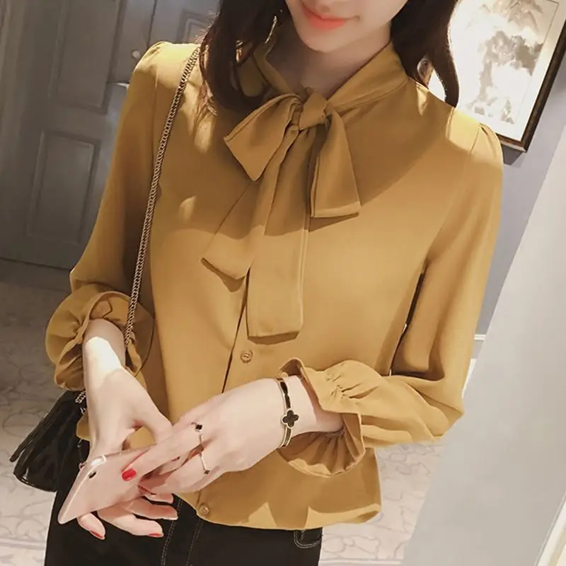 Women Korean Style Bow White Long Sleeve Shirt 2024 - Image 3