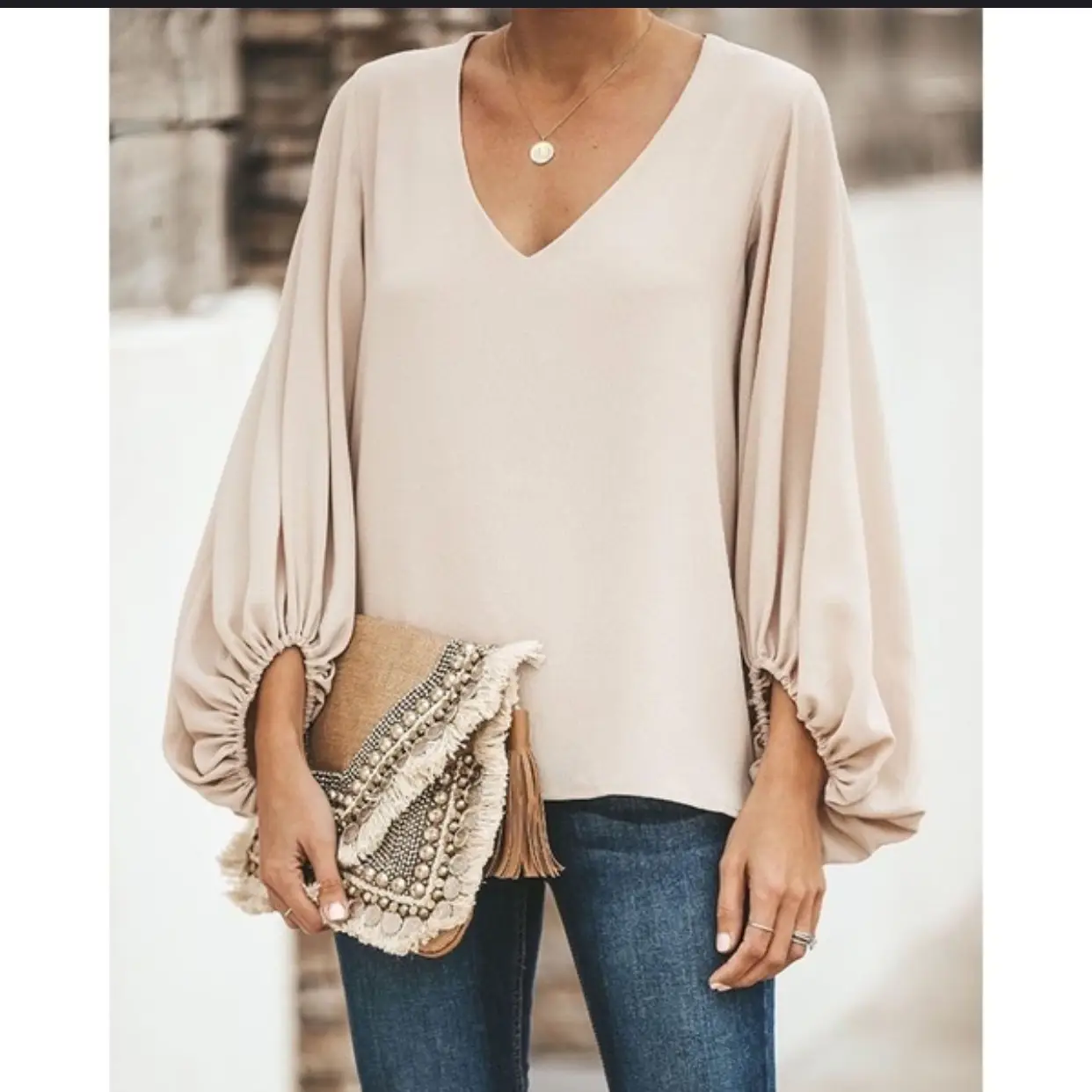 2022 V-Neck Lantern Sleeve Top T-Shirt Pink - Image 3