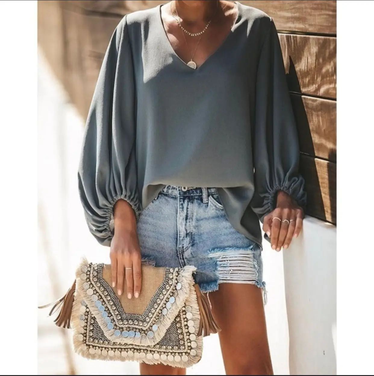 2022 V-Neck Lantern Sleeve Top T-Shirt Pink - Image 2