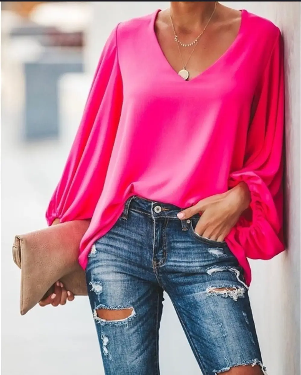 2022 V-Neck Lantern Sleeve Top T-Shirt Pink - Image 4