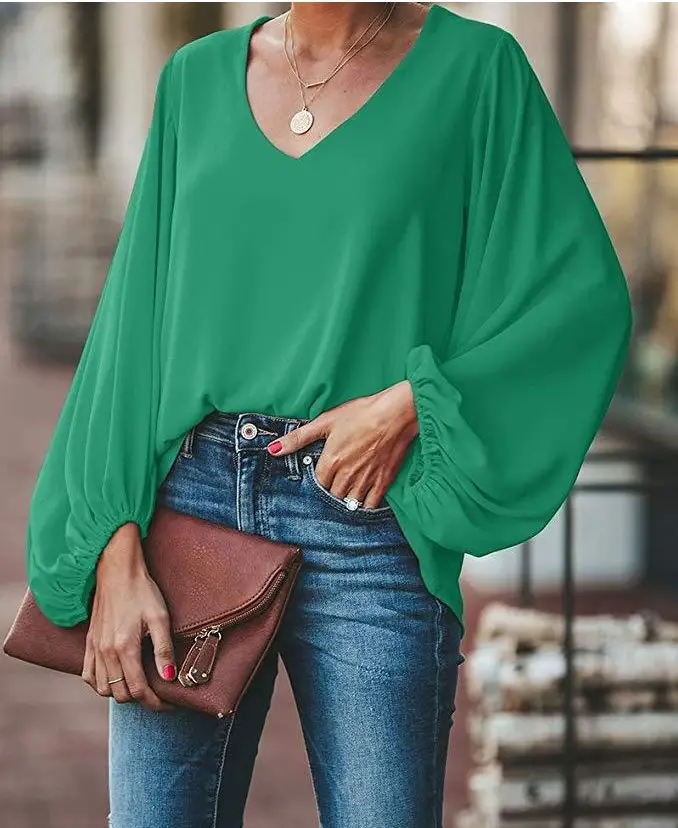 2022 V-Neck Lantern Sleeve Top T-Shirt Pink - Image 5