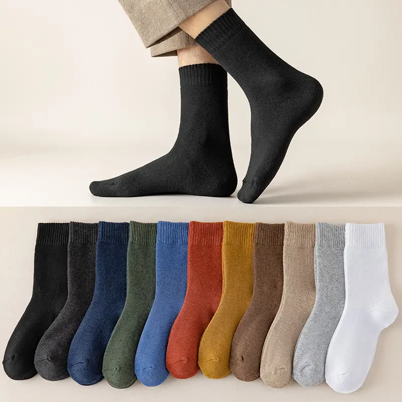 Socks Men's terry mid-tube socks autumn and winter thick warm socks casual colored towel socks fleece-lined terry socks