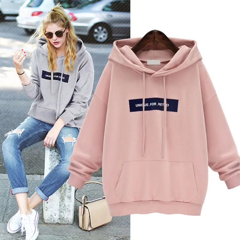 Pink Hooded Sweatshirt Women Loose Large Fleece Lined — feature 6
