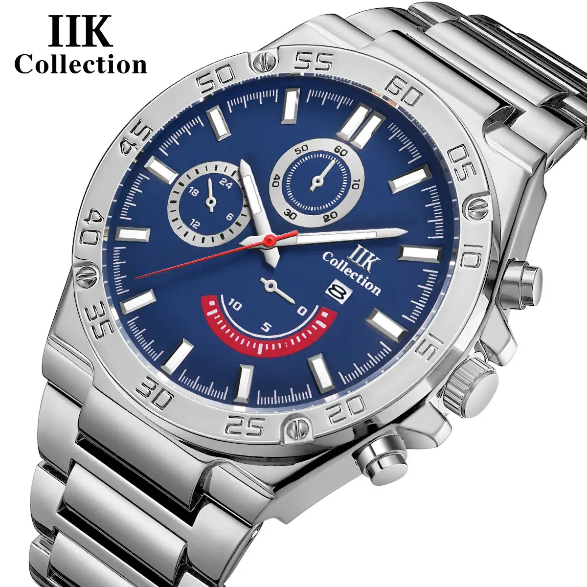 Men's Chronograph Steel Band Watch Blue Red Dial - Image 6