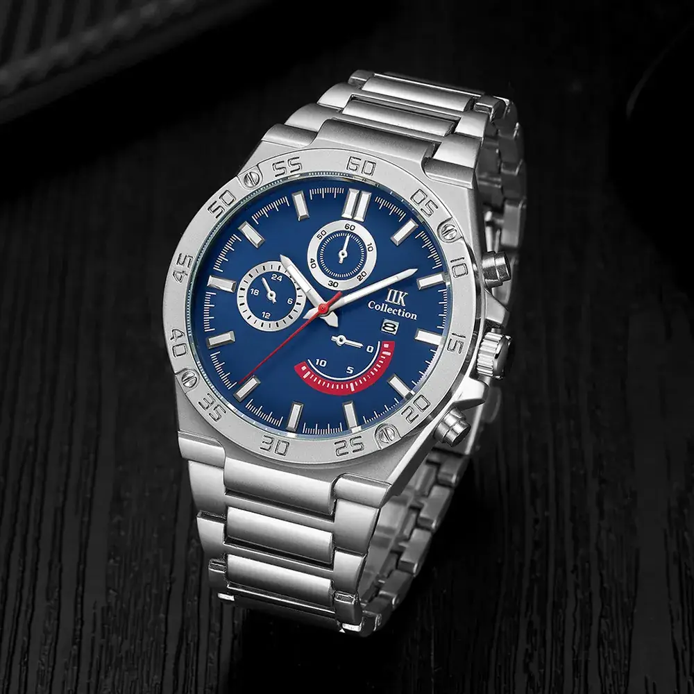 Men's Chronograph Steel Band Watch Blue Red Dial - Image 7