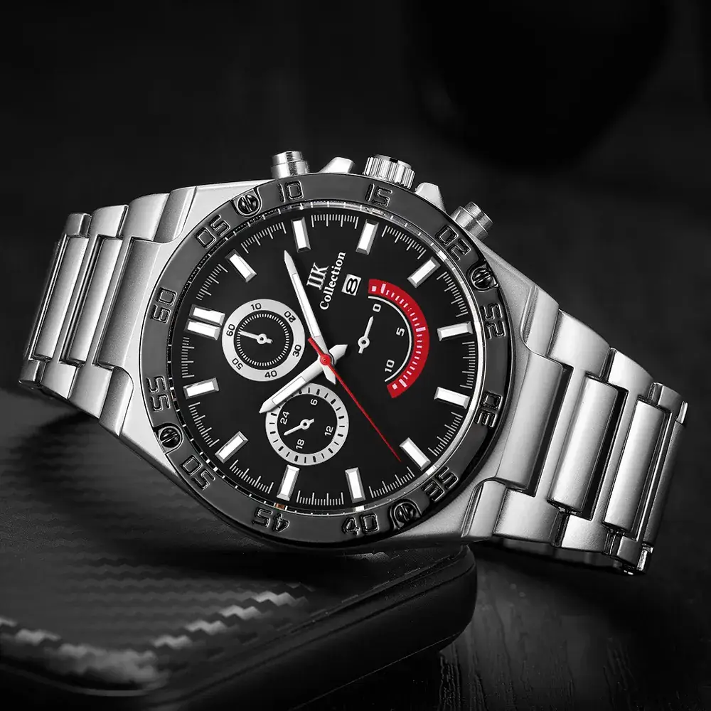 Men's Chronograph Steel Band Watch Blue Red Dial - Image 8