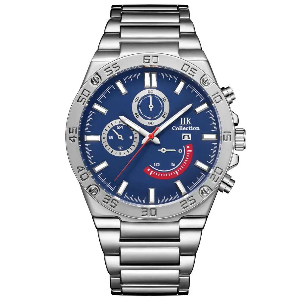 Men's Chronograph Steel Band Watch Blue Red Dial - Image 2
