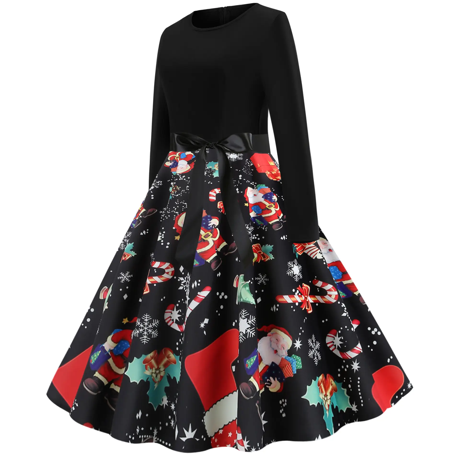 Christmas Printed Long Sleeve Skirt Dress Black - Image 2