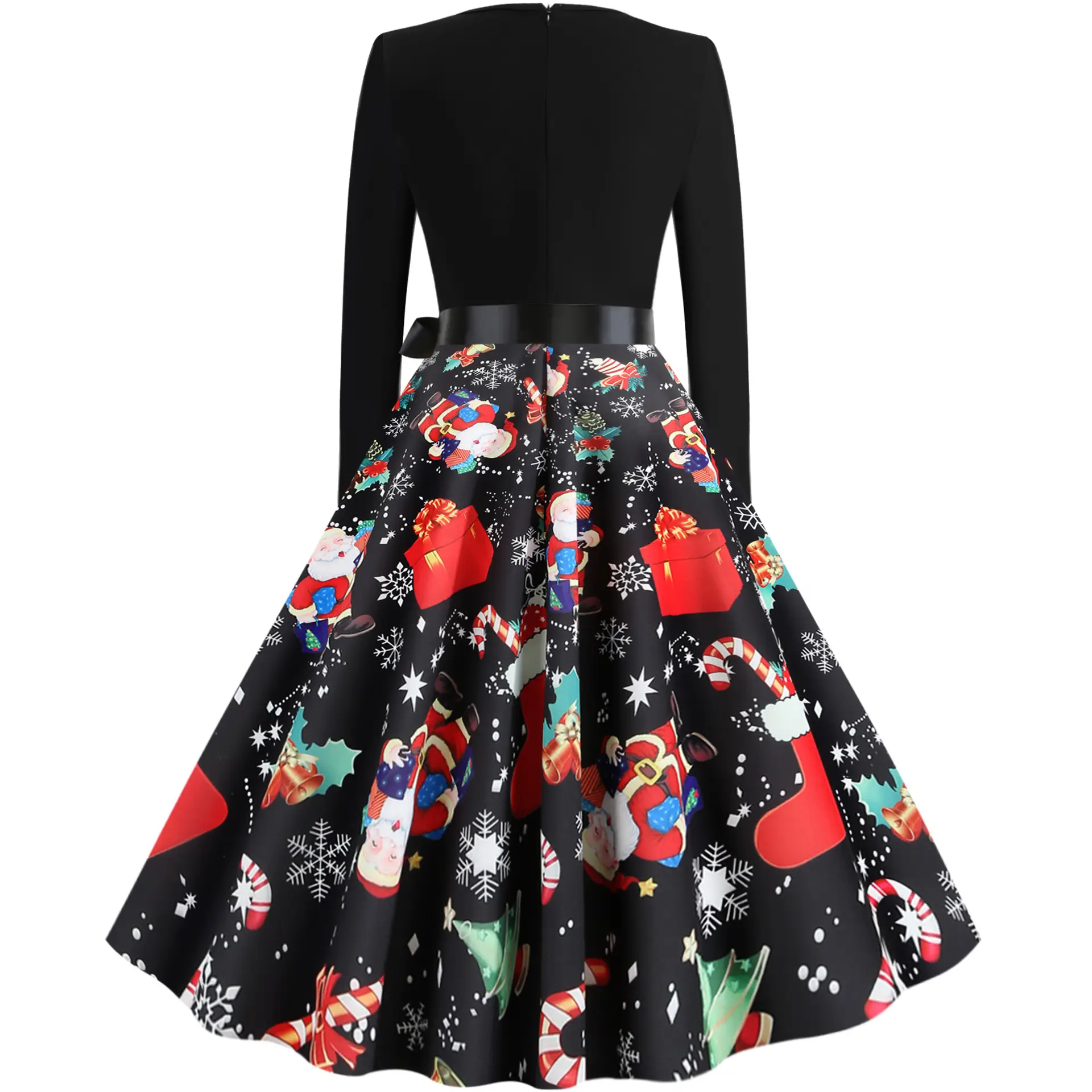 Christmas Printed Long Sleeve Skirt Dress Black - Image 3