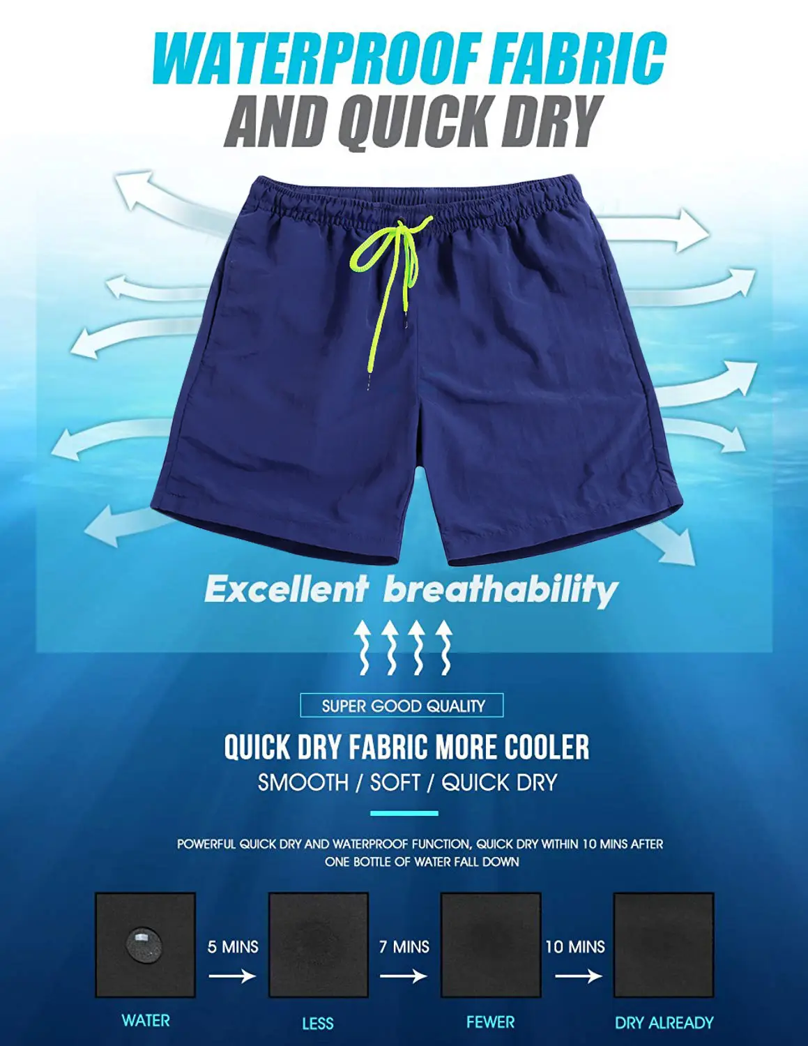 Men Blue Beach Shorts Large Quick-Drying Waterproof — feature 2