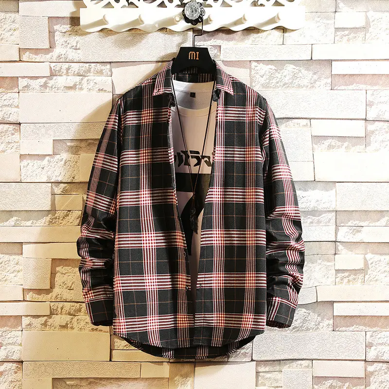 Plaid Men's Casual Shirt Black Red Blue Slim Fit - Image 8