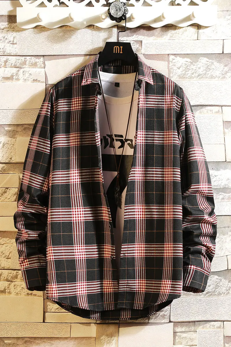 Plaid Men's Casual Shirt Black Red Blue Slim Fit - Image 10