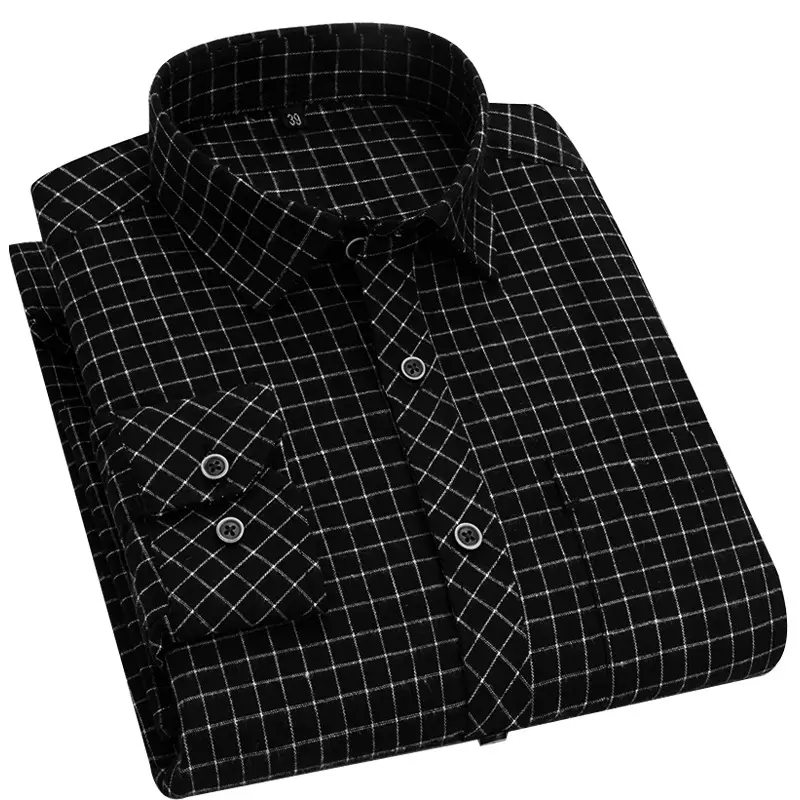 Men's Grey Brushed Plaid Long Sleeve Shirt