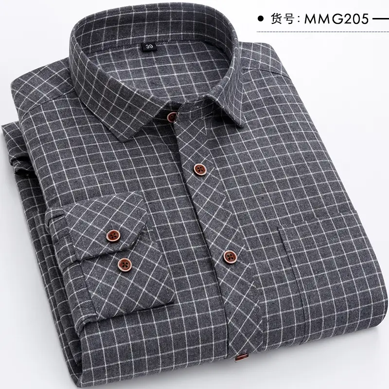 Men's Grey Brushed Plaid Long Sleeve Shirt