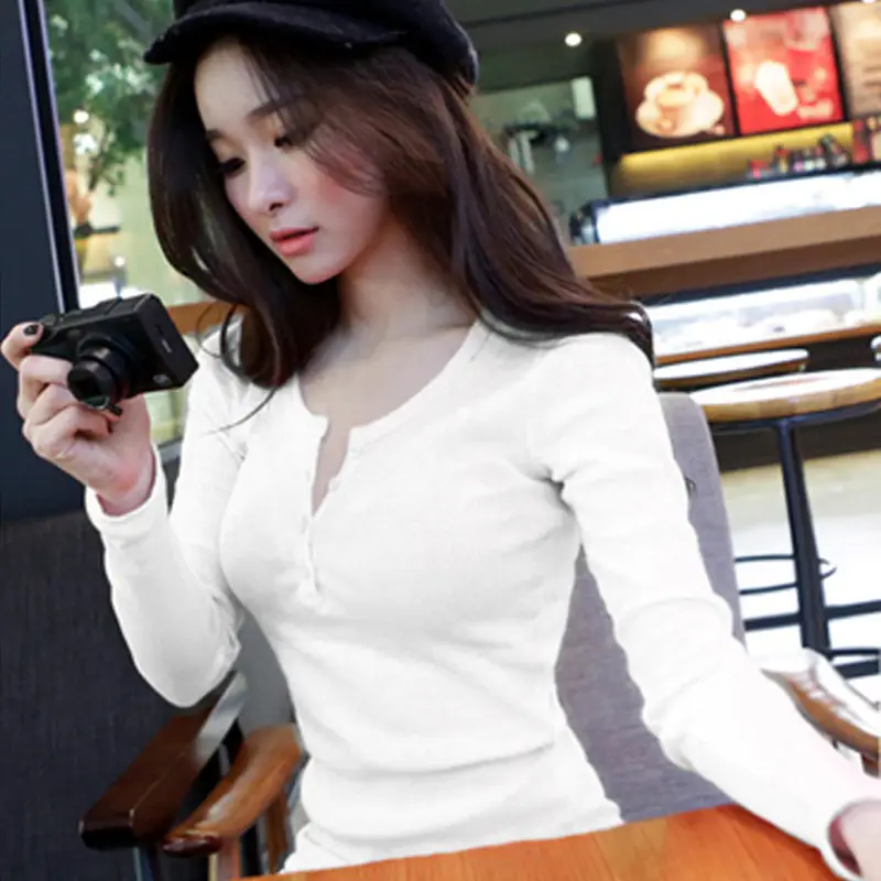 Women's Black Button Long Sleeve T-Shirt Slim Fit - Image 3