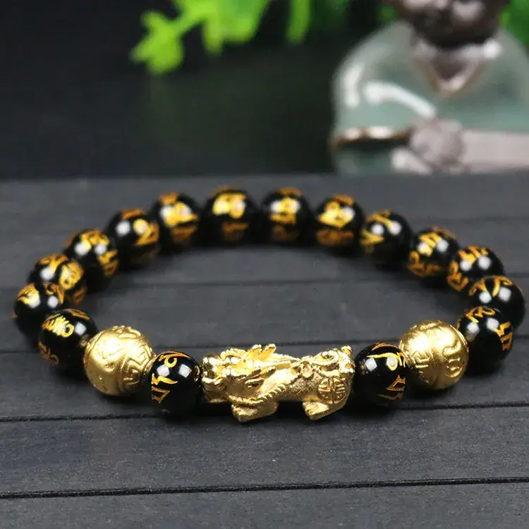 Natural Black Agate 6-Crime Bracelet with Gold Dragon Charm - Image 3