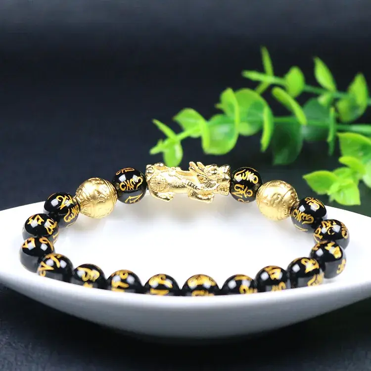 Natural Black Agate 6-Crime Bracelet with Gold Dragon Charm - Image 4