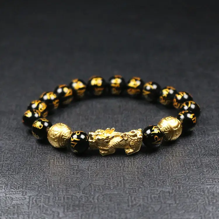 Natural Black Agate 6-Crime Bracelet with Gold Dragon Charm - Image 5