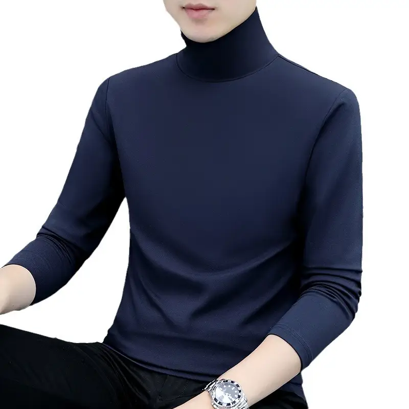 Men Navy Fleece Long Sleeve T-Shirt with Half-High Collar - Image 41