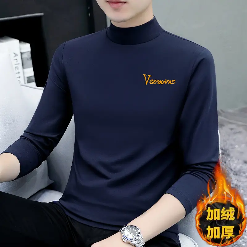 Men Navy Fleece Long Sleeve T-Shirt with Half-High Collar - Image 15