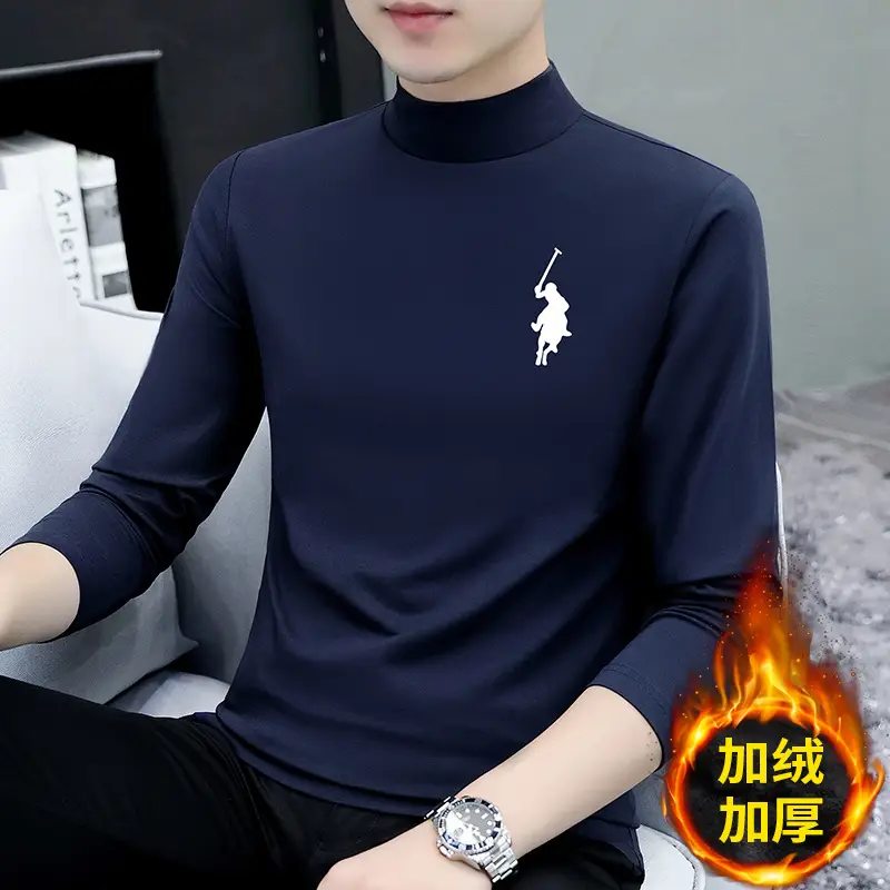 Men Navy Fleece Long Sleeve T-Shirt with Half-High Collar - Image 18
