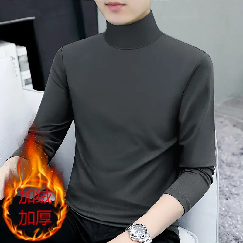 Men Navy Fleece Long Sleeve T-Shirt with Half-High Collar - Image 19