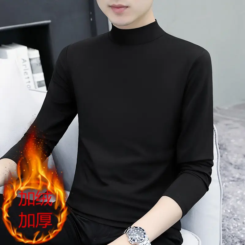 Men Navy Fleece Long Sleeve T-Shirt with Half-High Collar - Image 2
