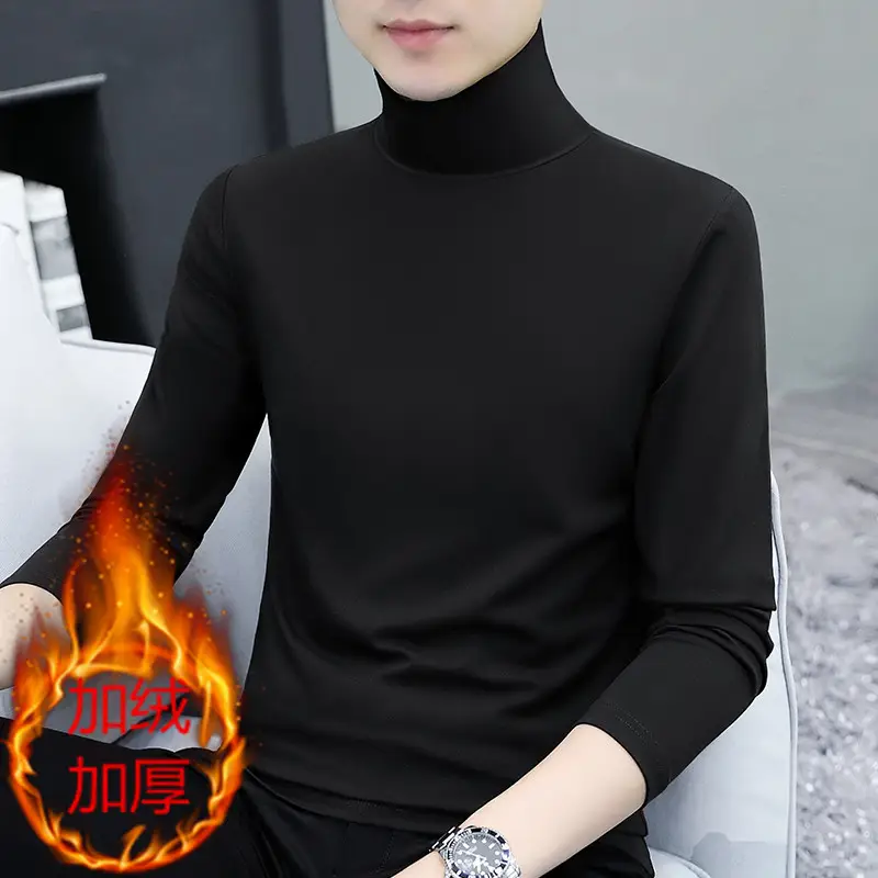 Men Navy Fleece Long Sleeve T-Shirt with Half-High Collar - Image 20