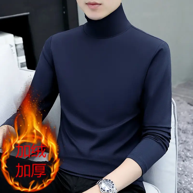 Men Navy Fleece Long Sleeve T-Shirt with Half-High Collar - Image 21