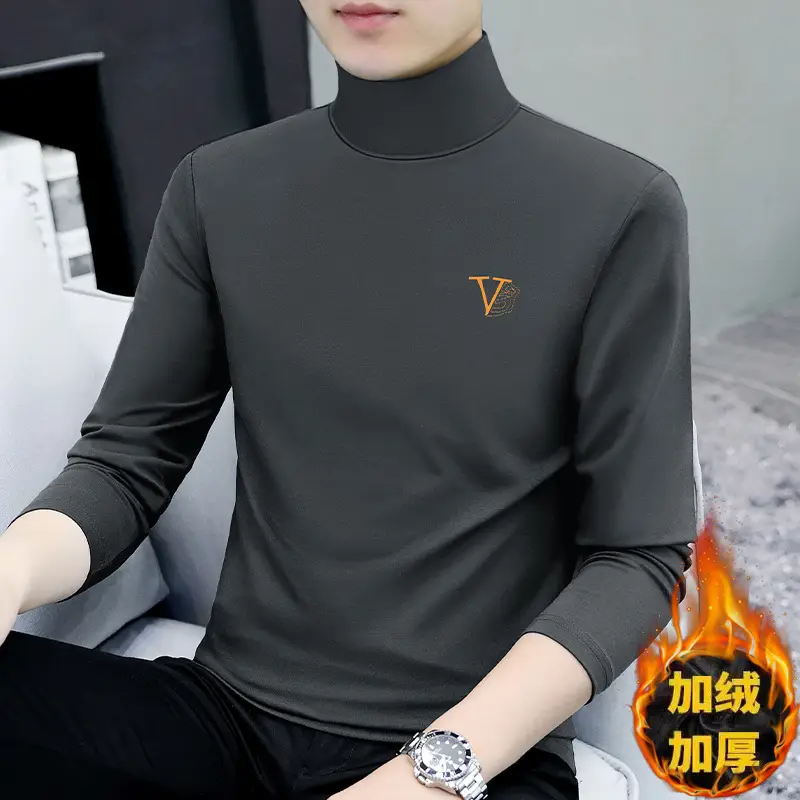 Men Navy Fleece Long Sleeve T-Shirt with Half-High Collar - Image 28
