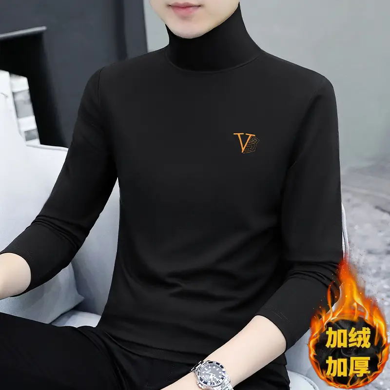 Men Navy Fleece Long Sleeve T-Shirt with Half-High Collar - Image 29