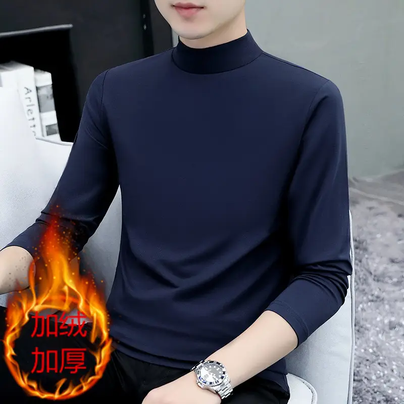 Men Navy Fleece Long Sleeve T-Shirt with Half-High Collar - Image 3