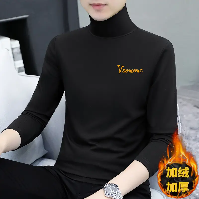 Men Navy Fleece Long Sleeve T-Shirt with Half-High Collar - Image 32